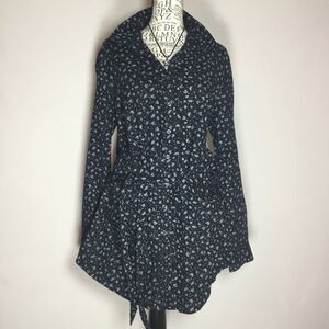 Black floral ruffle cotton dress floral pattern matching belt button down L